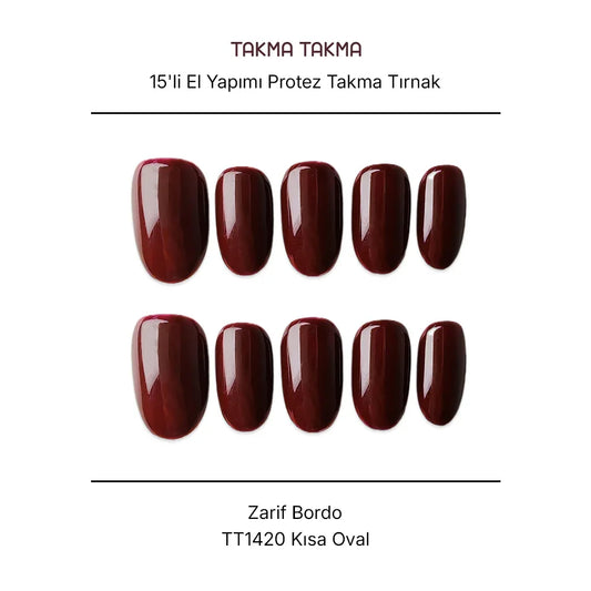 Tekrar Kullanılabilir El Yapımı Protez Takma Tırnak TT1420 Zarif Bordo 15'li