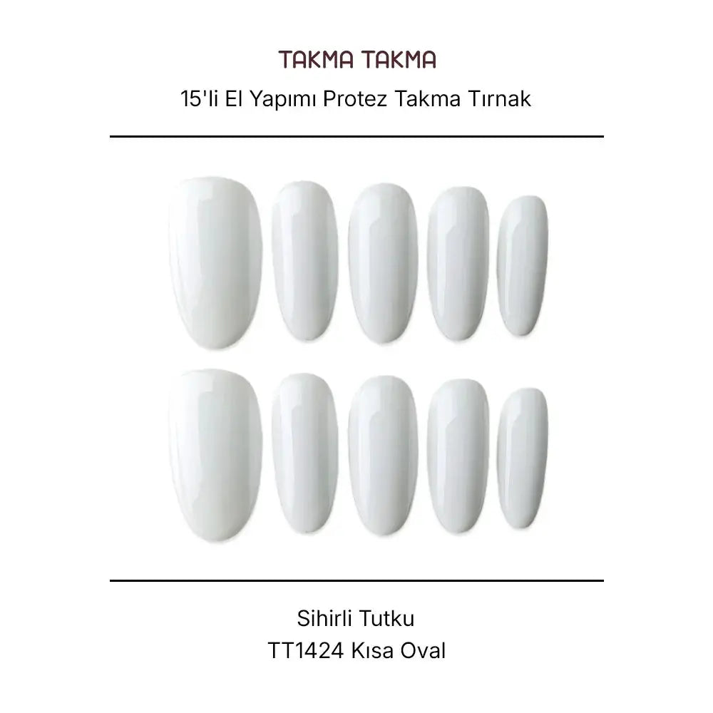 15'li Beyaz Kısa Oval TT1424 Tekrar Kullanılabilir El Yapımı Protez Takma Tırnak Takma Takma