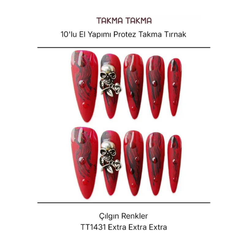 10'lu Kırmızı Extra Extra Extra TT1431 Tekrar Kullanılabilir El Yapımı Protez Takma Tırnak Takma Takma
