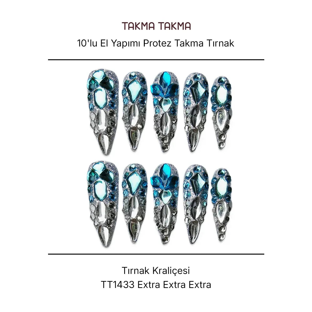 10'lu Mavi  Extra Extra Extra TT1433 Tekrar Kullanılabilir El Yapımı Protez Takma Tırnak Takma Takma