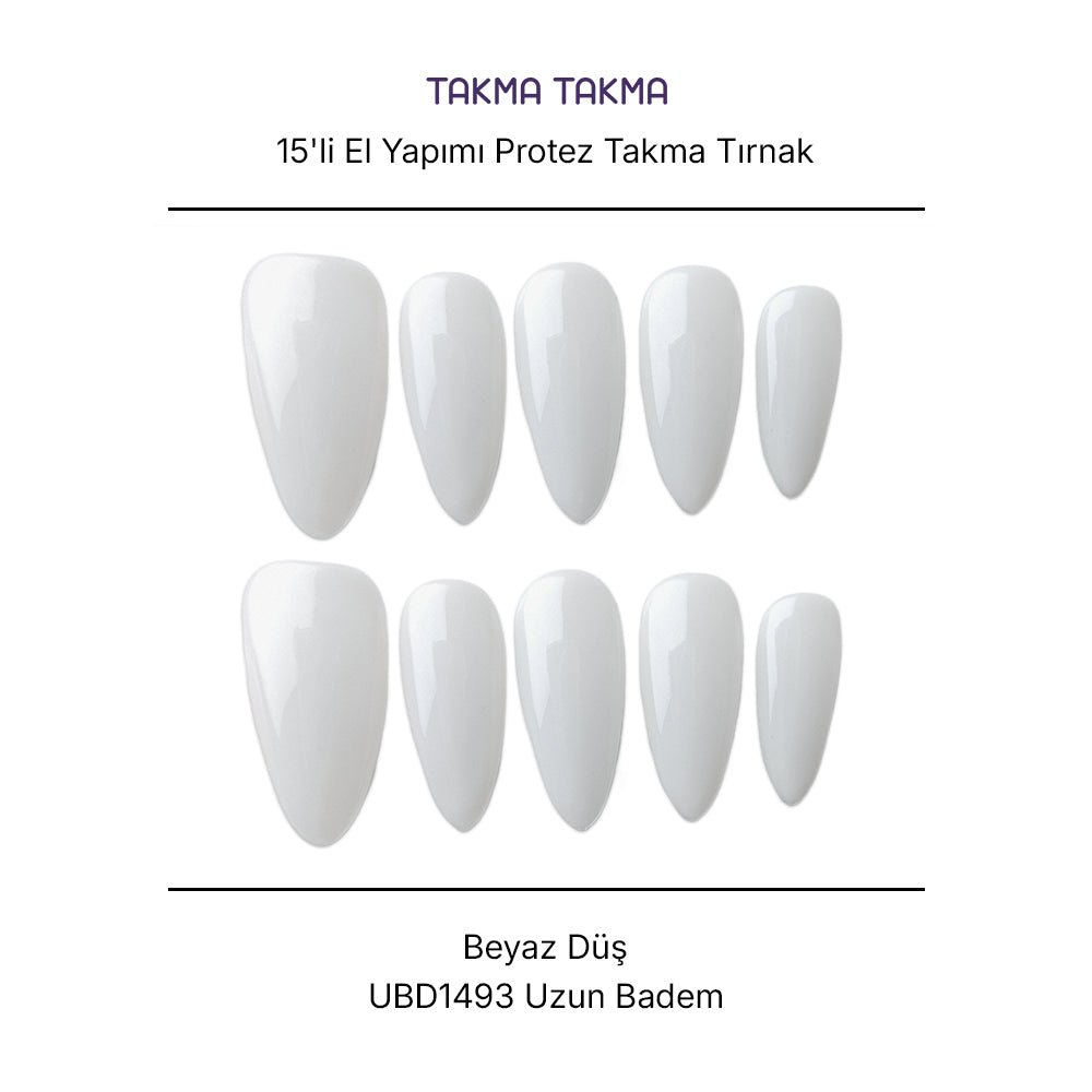 15'li Beyaz Uzun Badem UBD1493 Tekrar Kullanılabilir El Yapımı Protez Takma Tırnak