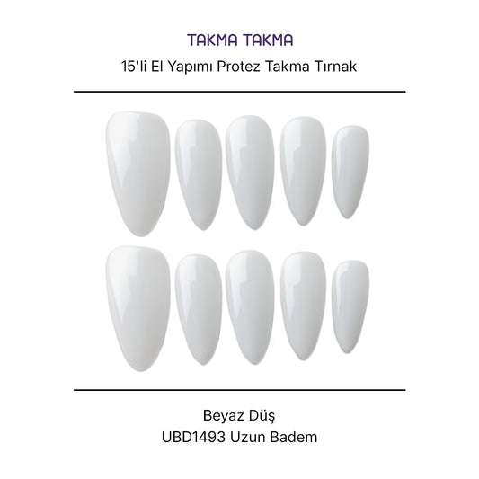 15'li Beyaz Uzun Badem UBD1493 Tekrar Kullanılabilir El Yapımı Protez Takma Tırnak