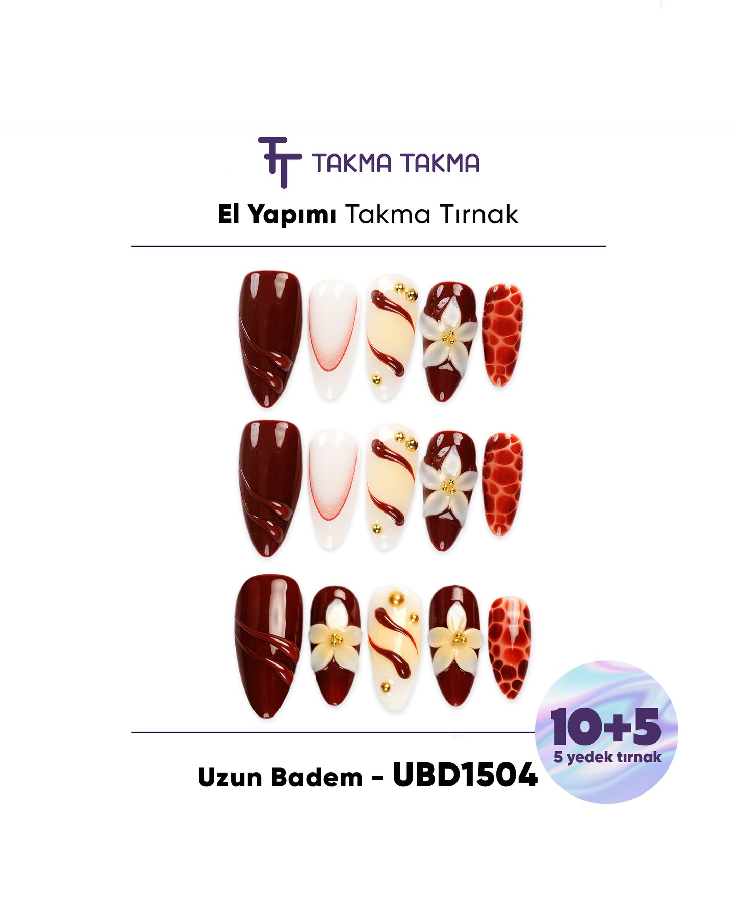 15'li Bordo Badem UBD1504 Tekrar Kullanılabilir El Yapımı Protez Takma Tırnak