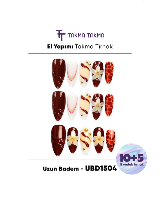 15'li Bordo Badem UBD1504 Tekrar Kullanılabilir El Yapımı Protez Takma Tırnak