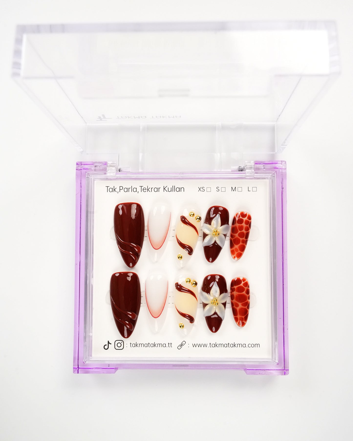 15'li Bordo Badem UBD1504 Tekrar Kullanılabilir El Yapımı Protez Takma Tırnak