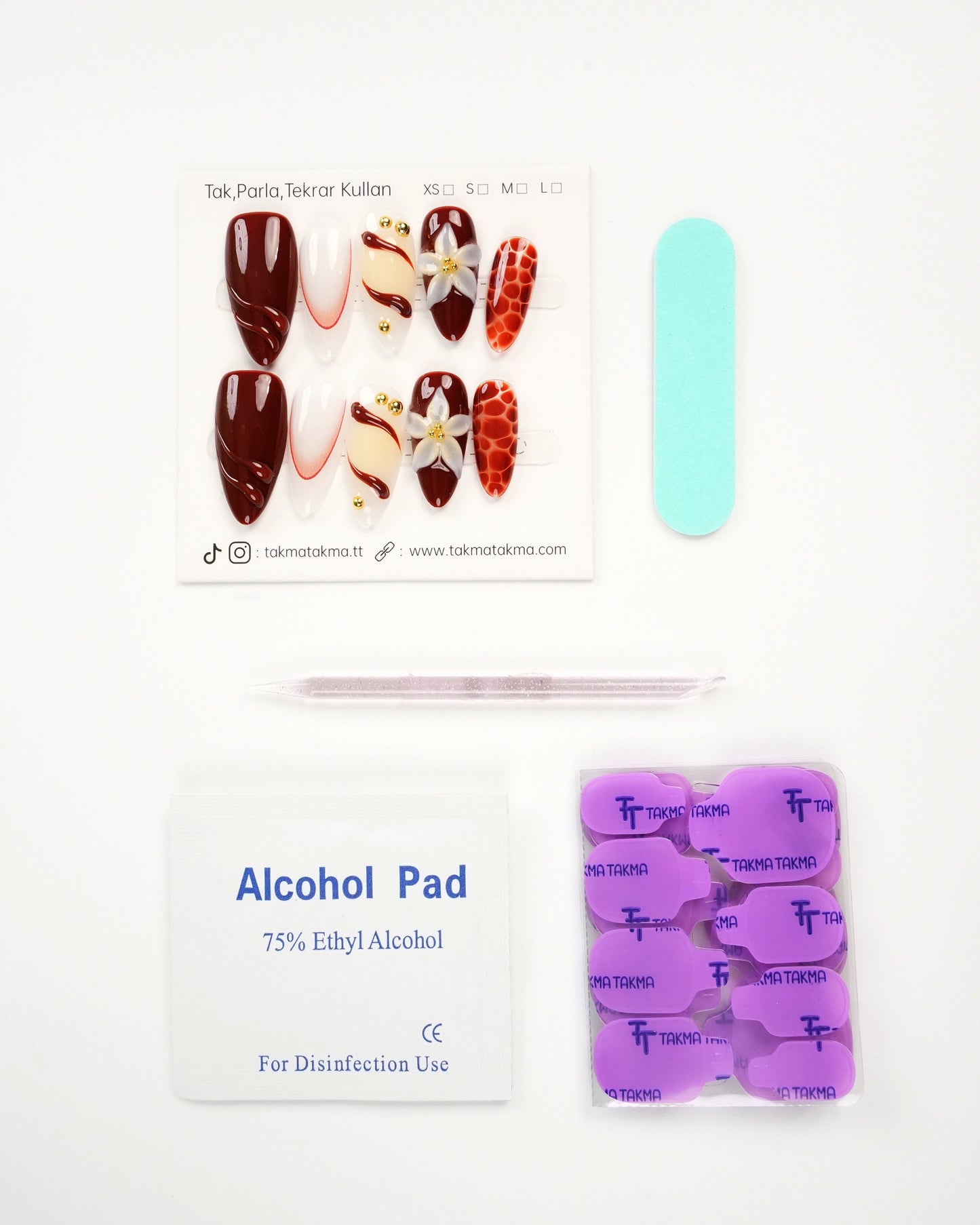 15'li Bordo Badem UBD1504 Tekrar Kullanılabilir El Yapımı Protez Takma Tırnak