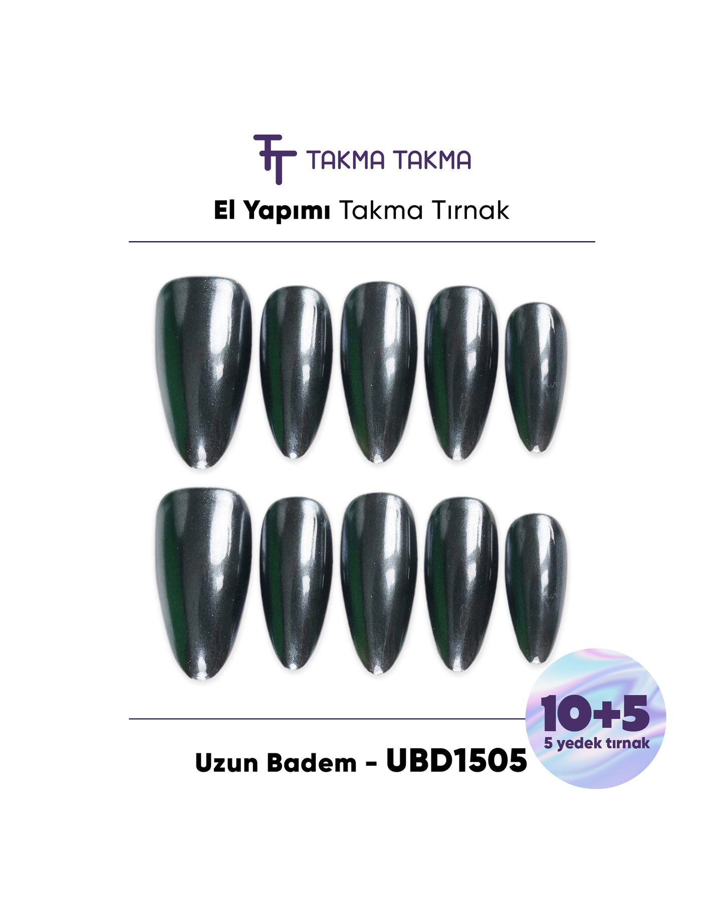 15'li Siyah Uzun Badem UBD1505 Tekrar Kullanılabilir El Yapımı Protez Takma Tırnak