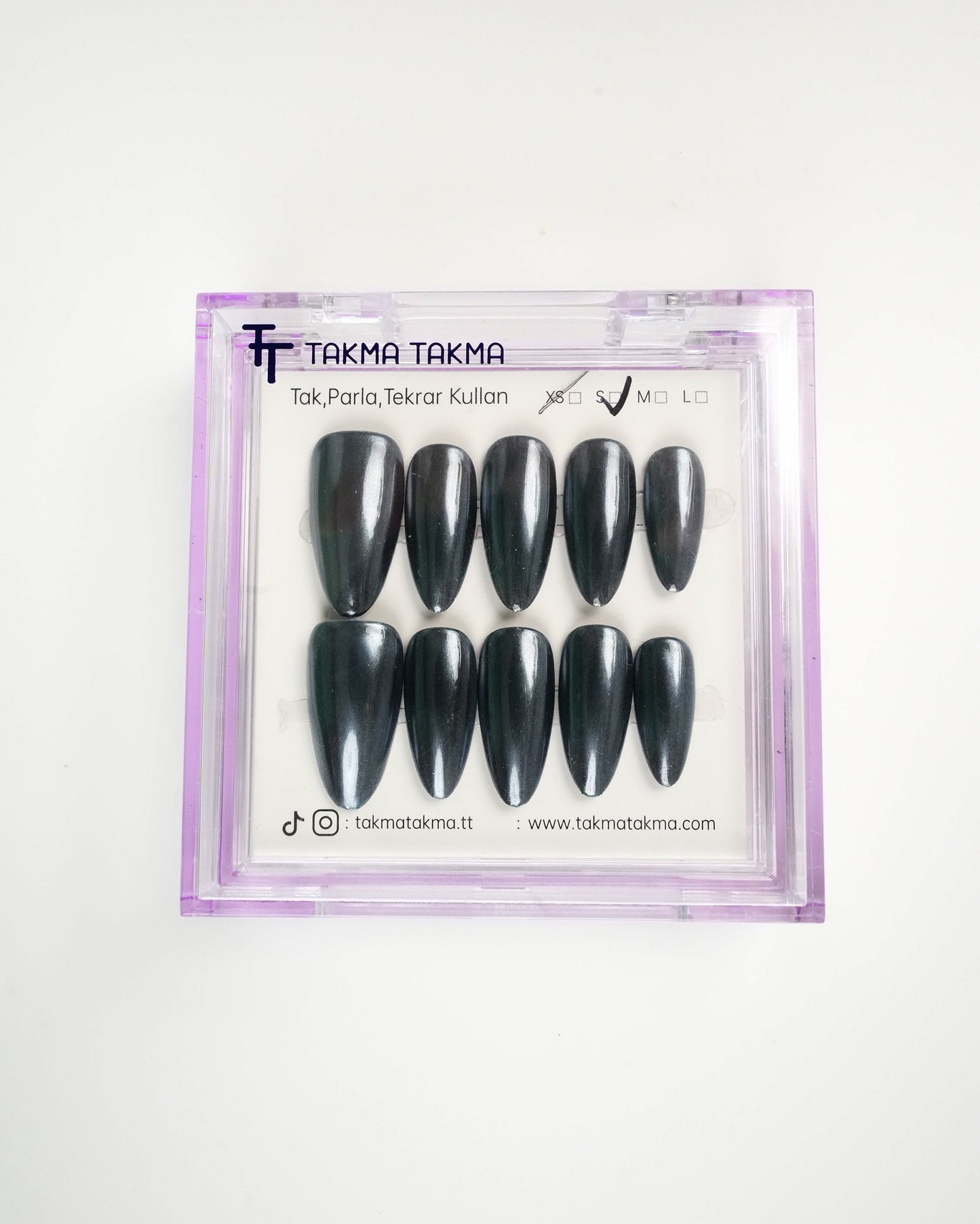 15'li Siyah Uzun Badem UBD1505 Tekrar Kullanılabilir El Yapımı Protez Takma Tırnak