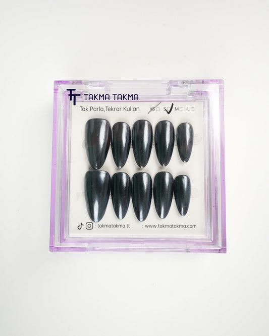 15'li Siyah Uzun Badem UBD1505 Tekrar Kullanılabilir El Yapımı Protez Takma Tırnak