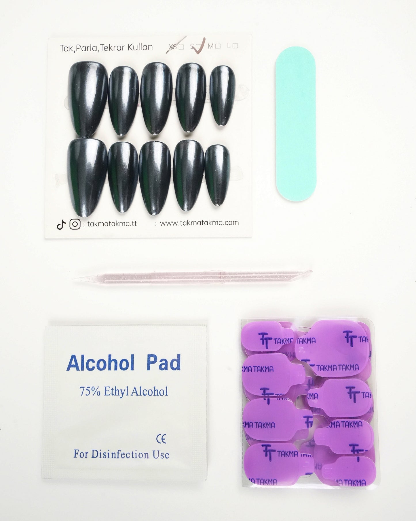 15'li Siyah Uzun Badem UBD1505 Tekrar Kullanılabilir El Yapımı Protez Takma Tırnak