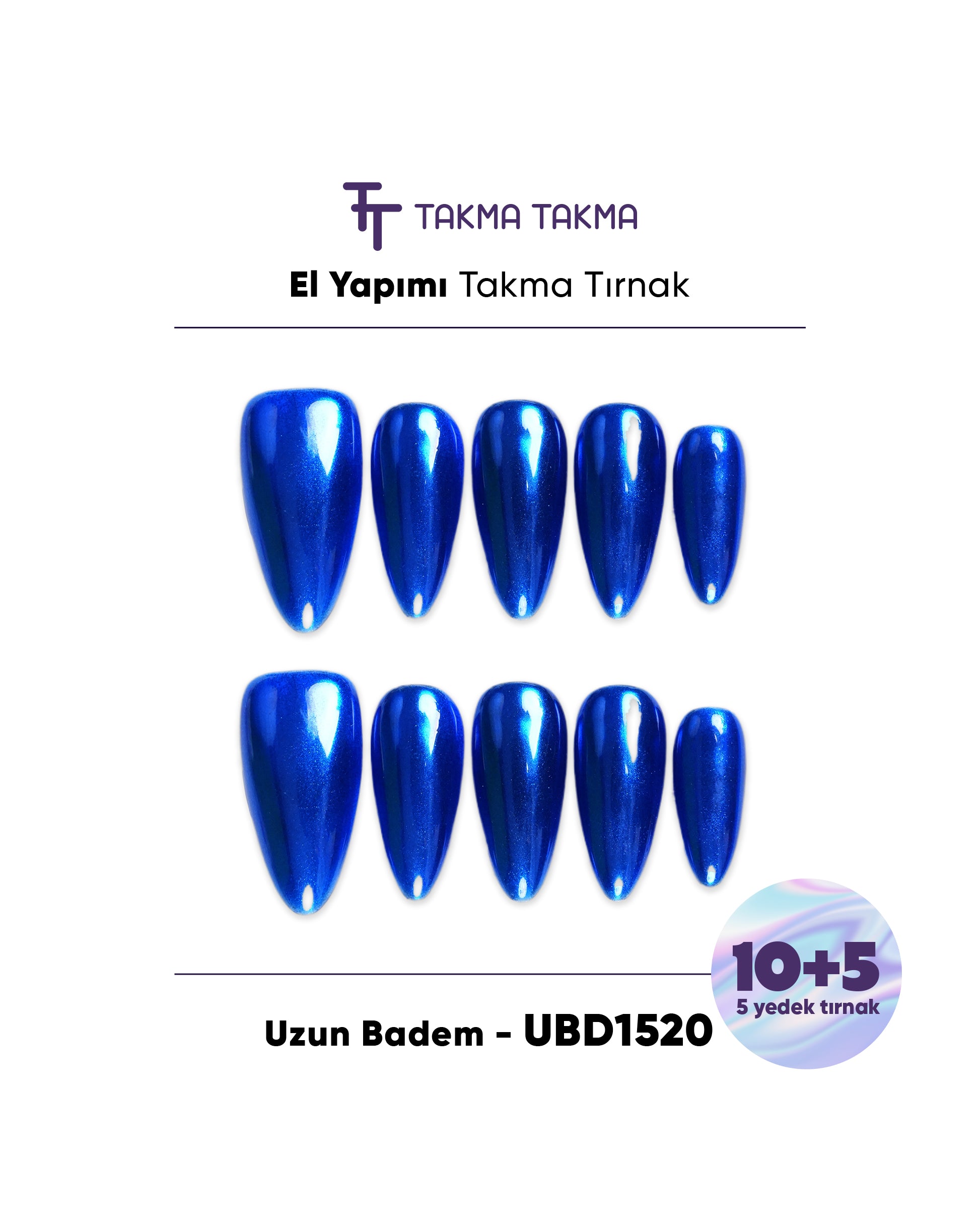 15'li Mavi Uzun Badem UBD1520 Tekrar Kullanılabilir El Yapımı Protez Takma Tırnak Takma Takma
