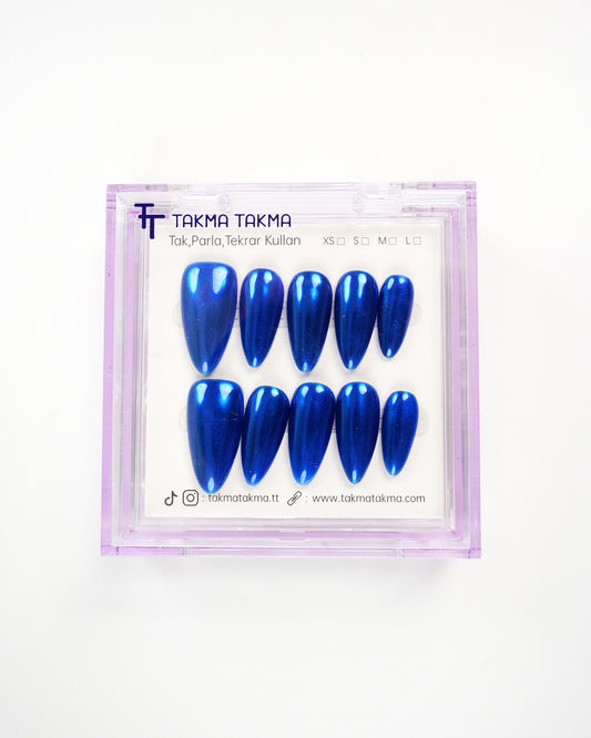 15'li Mavi Uzun Badem UBD1520 Tekrar Kullanılabilir El Yapımı Protez Takma Tırnak