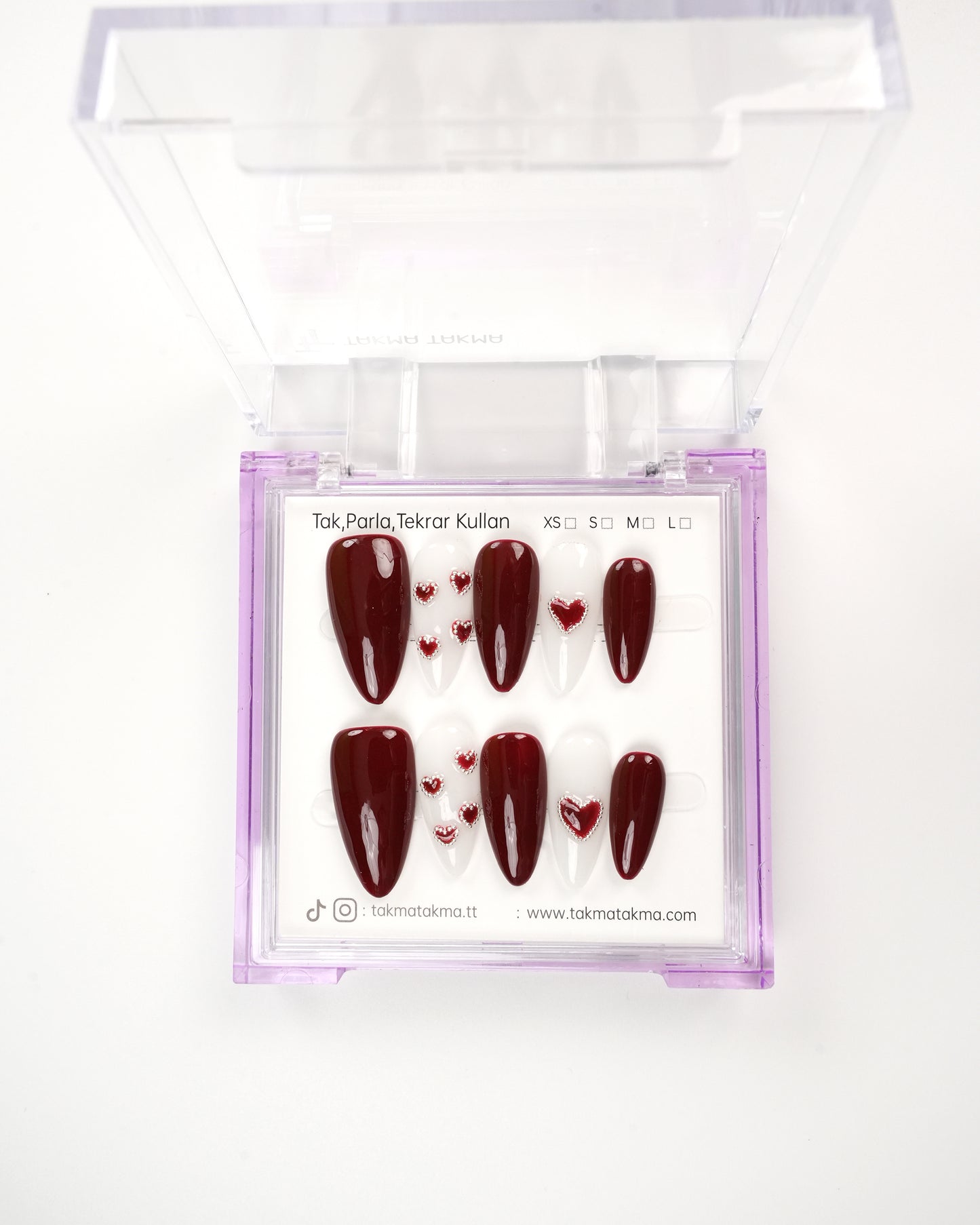 10'lu Bordo Uzun Badem UBD1521 Tekrar Kullanılabilir El Yapımı Protez Takma Tırnak