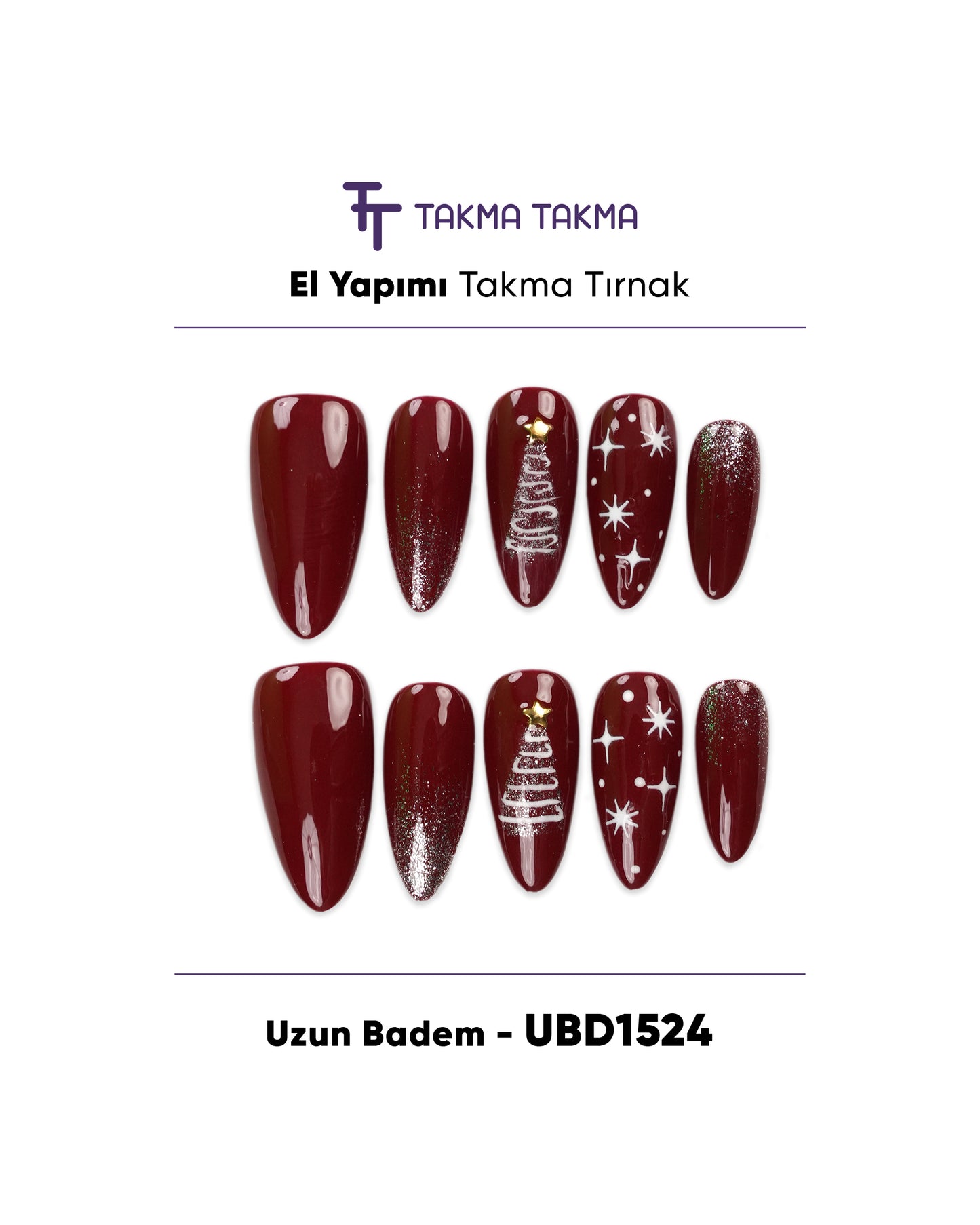 10'lu Bordo Uzun Badem UBD1524 Tekrar Kullanılabilir El Yapımı Protez Takma Tırnak