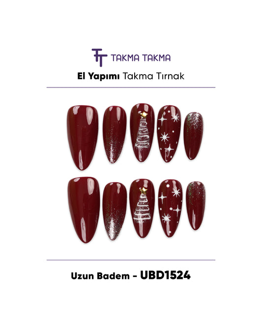 10'lu Bordo Uzun Badem UBD1524 Tekrar Kullanılabilir El Yapımı Protez Takma Tırnak