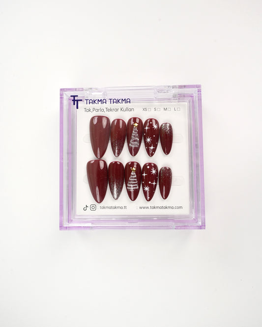 10'lu Bordo Uzun Badem UBD1524 Tekrar Kullanılabilir El Yapımı Protez Takma Tırnak