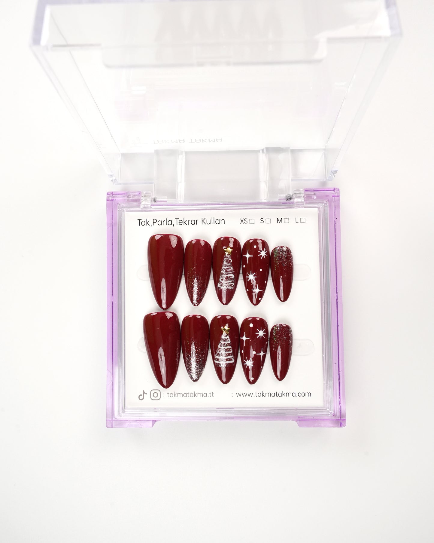 10'lu Bordo Uzun Badem UBD1524 Tekrar Kullanılabilir El Yapımı Protez Takma Tırnak