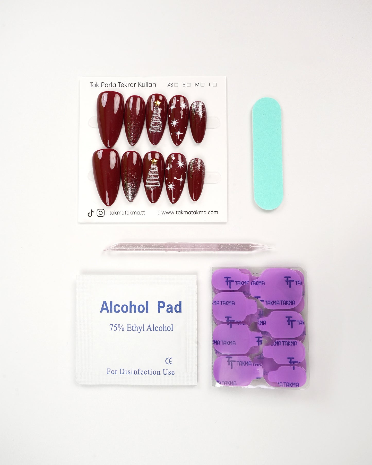 10'lu Bordo Uzun Badem UBD1524 Tekrar Kullanılabilir El Yapımı Protez Takma Tırnak