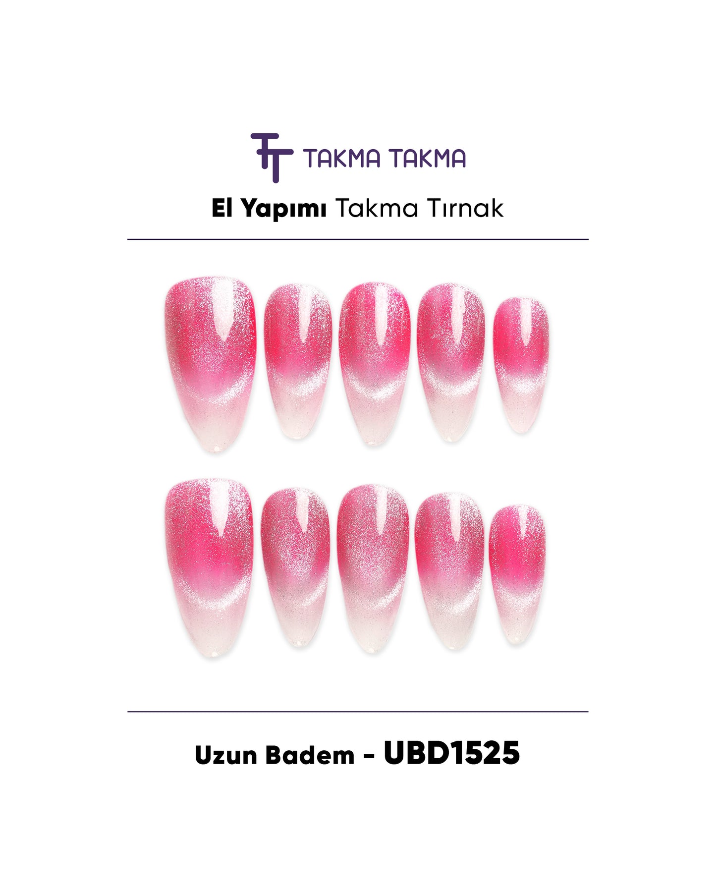10'lu Pembe Uzun Badem UBD1525 Tekrar Kullanılabilir El Yapımı Protez Takma Tırnak