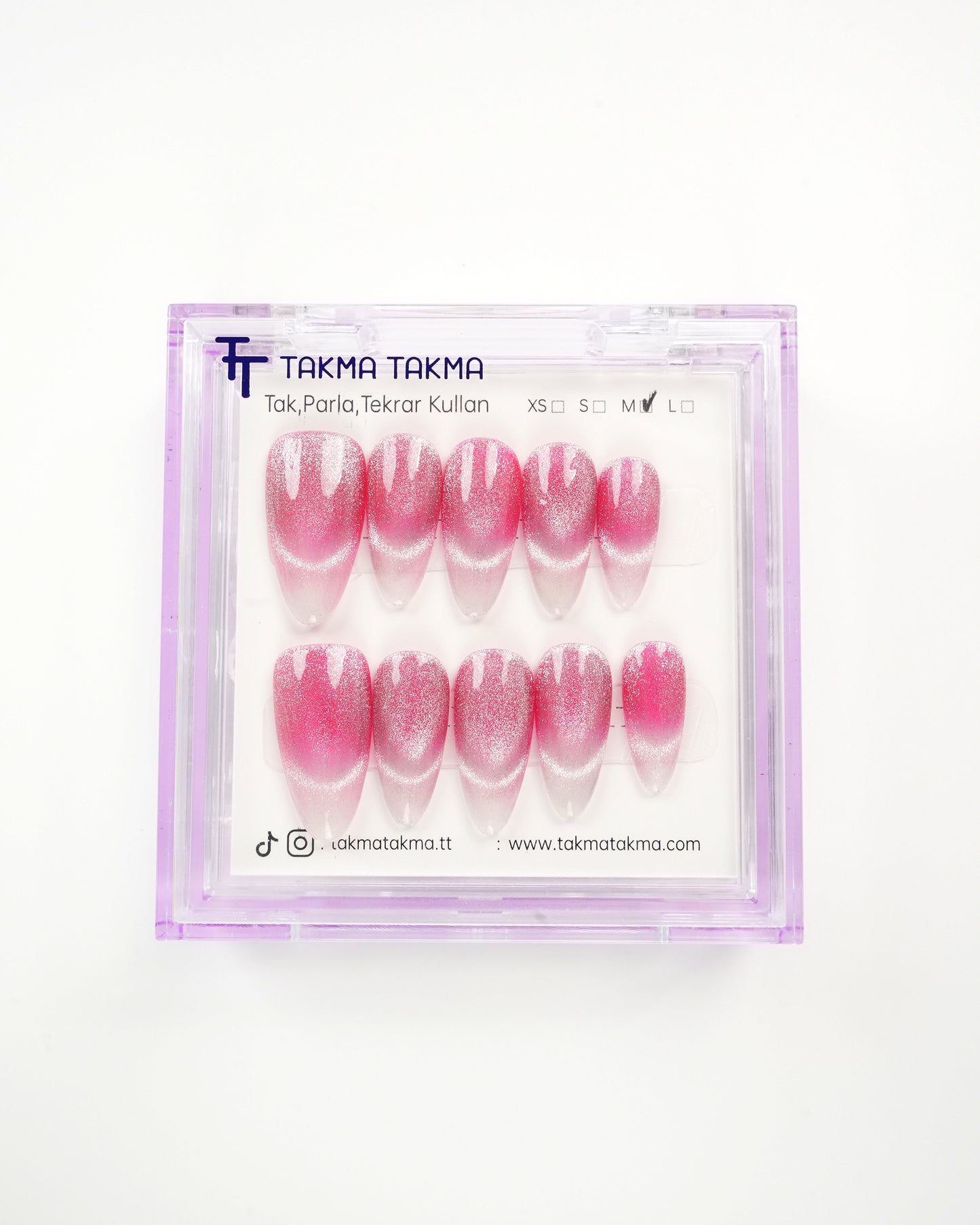 10'lu Pembe Uzun Badem UBD1525 Tekrar Kullanılabilir El Yapımı Protez Takma Tırnak