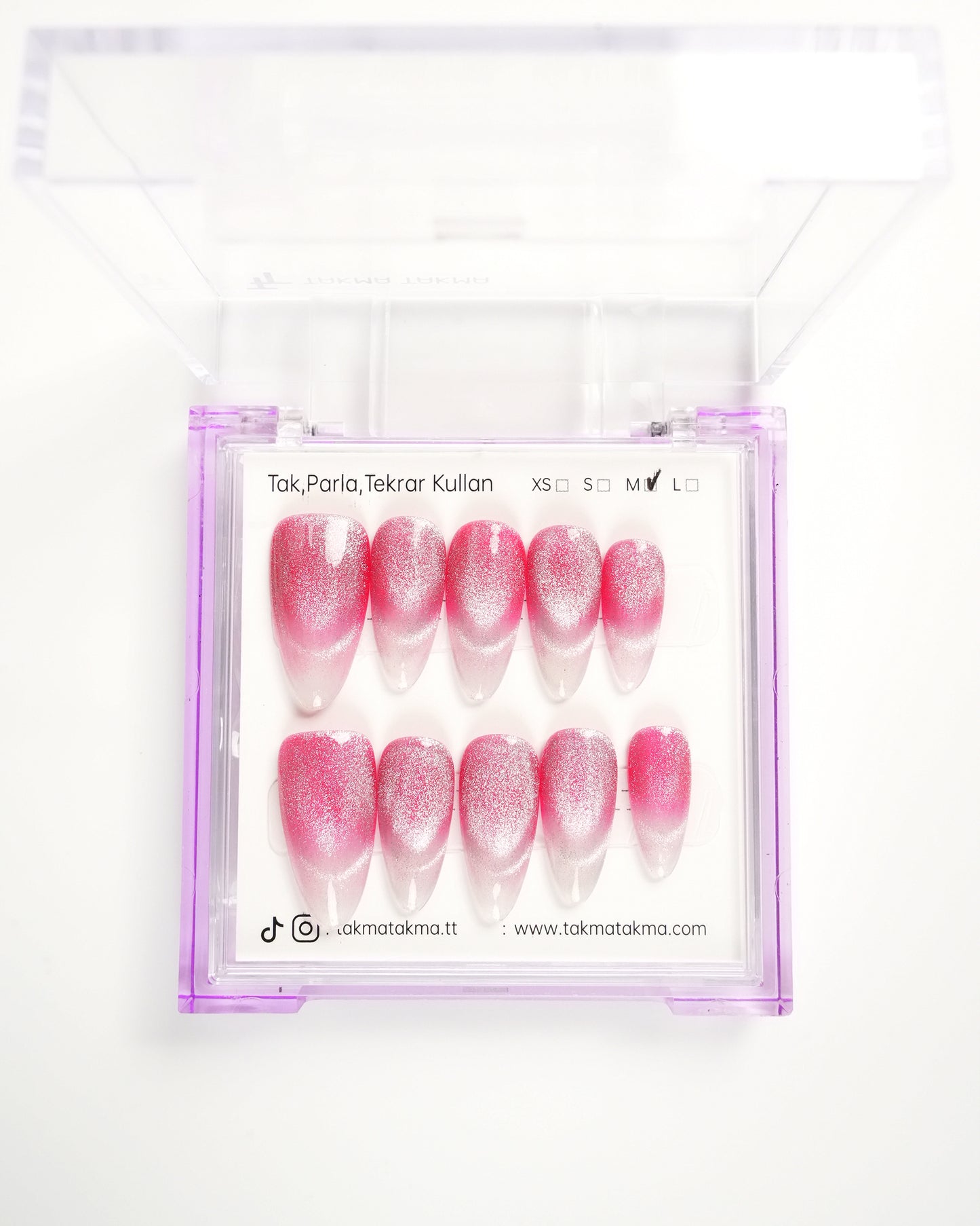 10'lu Pembe Uzun Badem UBD1525 Tekrar Kullanılabilir El Yapımı Protez Takma Tırnak