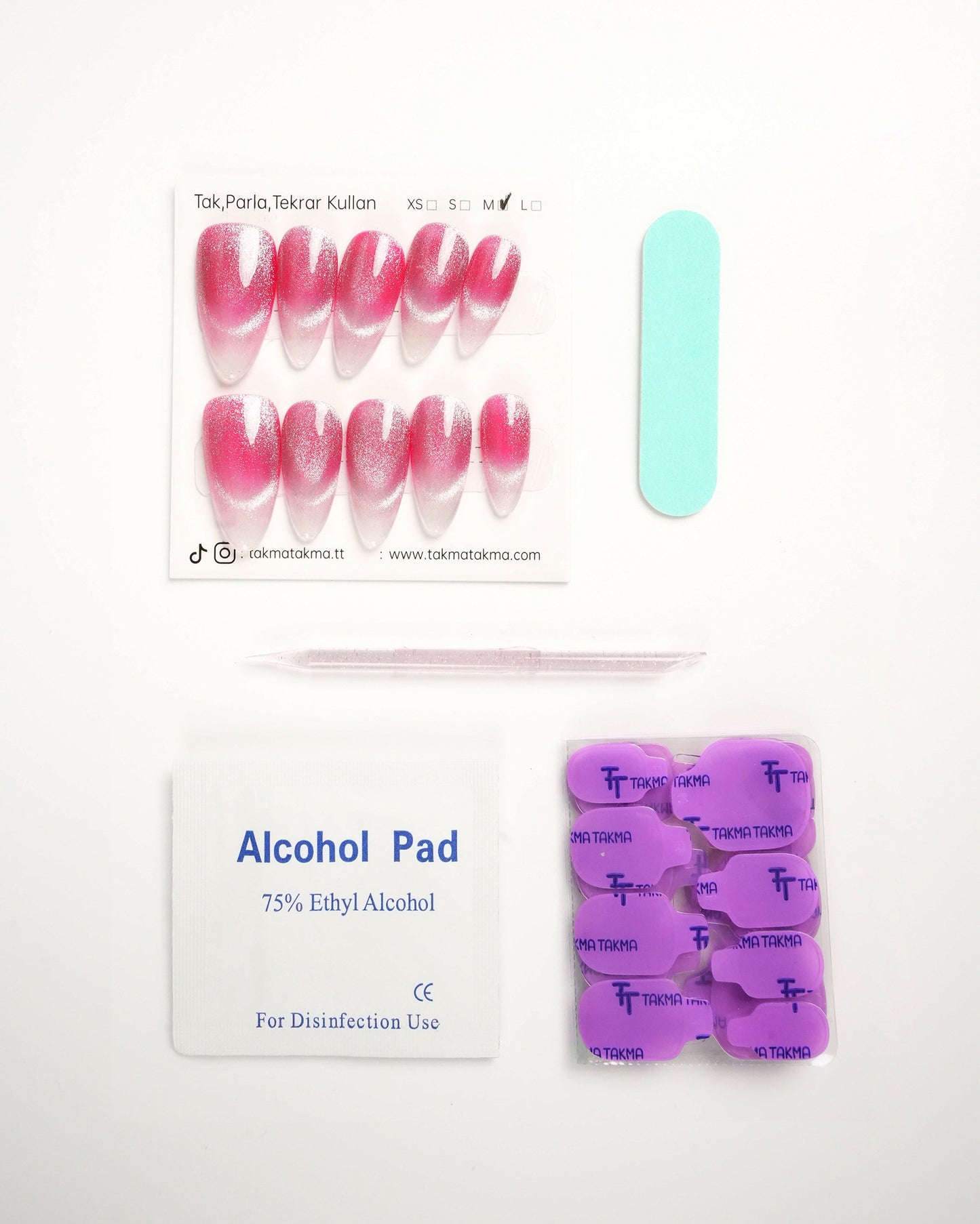 10'lu Pembe Uzun Badem UBD1525 Tekrar Kullanılabilir El Yapımı Protez Takma Tırnak