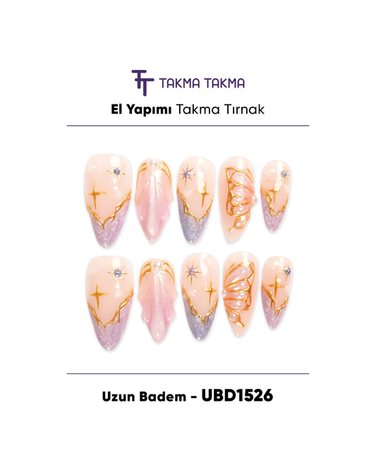 10'lu Ten Uzun Badem UBD1526 Tekrar Kullanılabilir El Yapımı Protez Takma Tırnak
