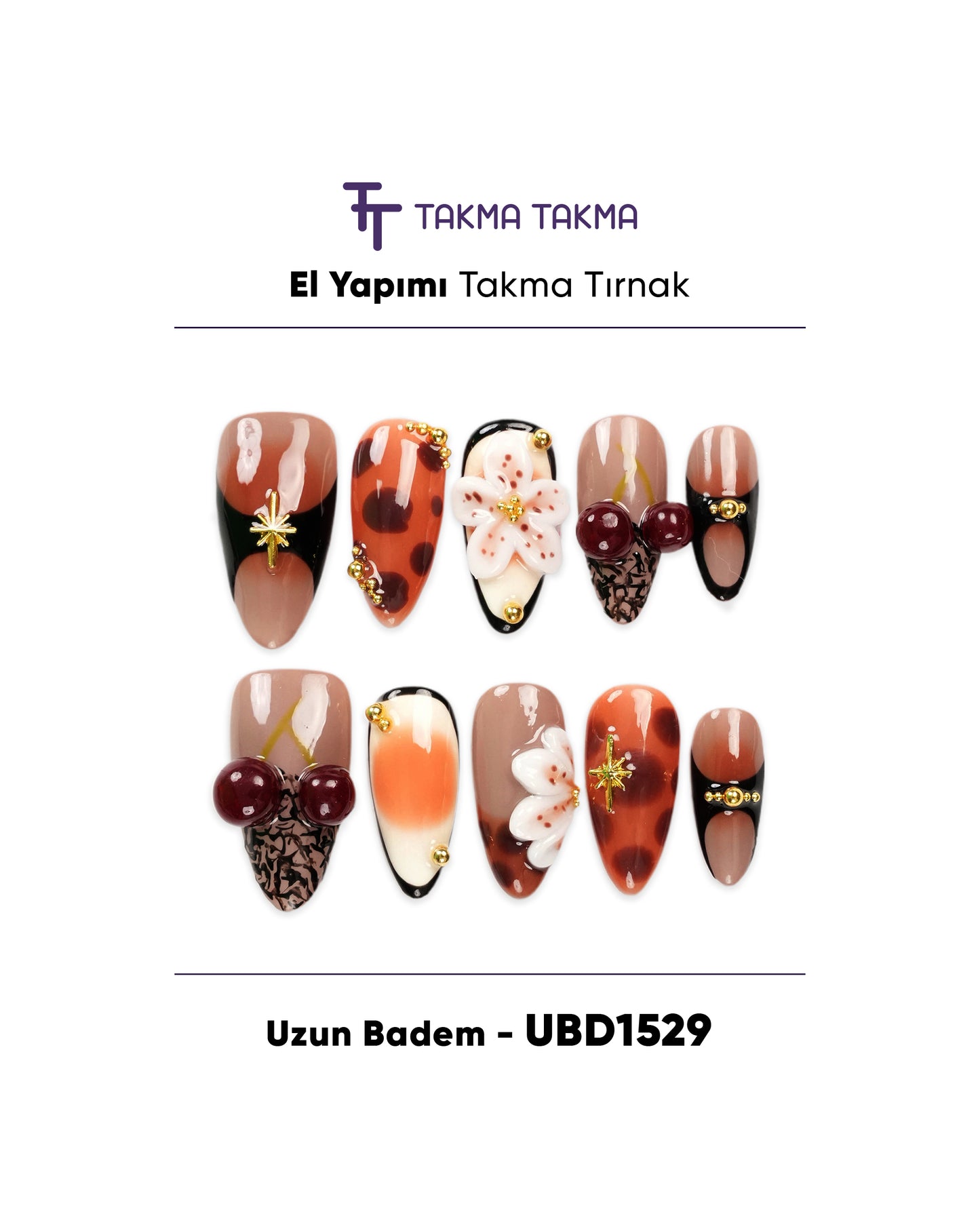 10'lu Kahve Uzun Badem UBD1529 Tekrar Kullanılabilir El Yapımı Protez Takma Tırnak