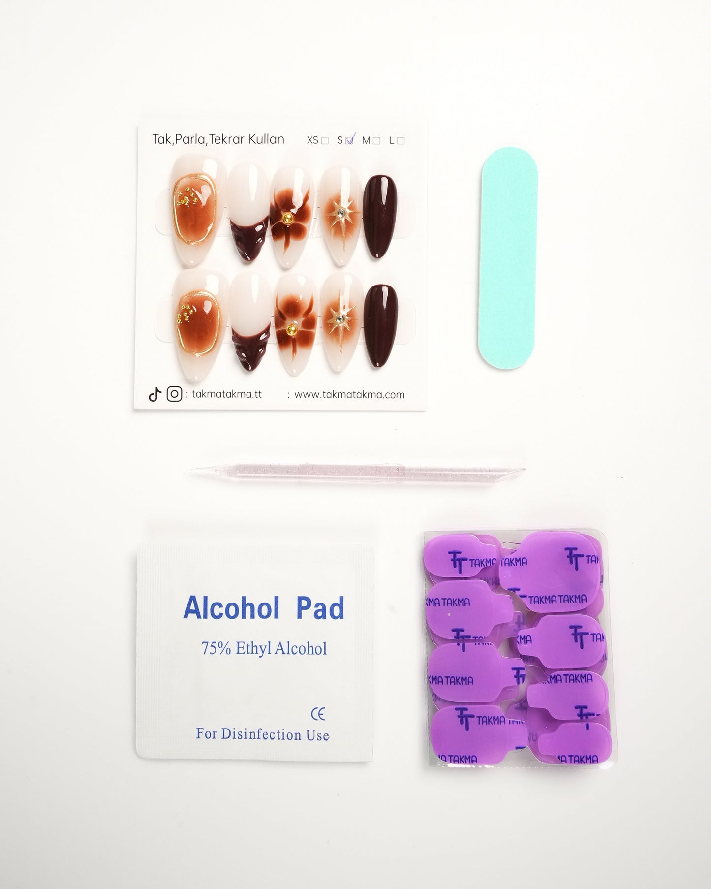 10'lu  Uzun Badem Kahve UBD1530 Tekrar Kullanılabilir El Yapımı Protez Takma Tırnak