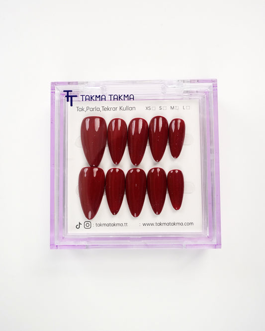 15'li Bordo Uzun Badem UBD1544 Tekrar Kullanılabilir El Yapımı Protez Takma Tırnak