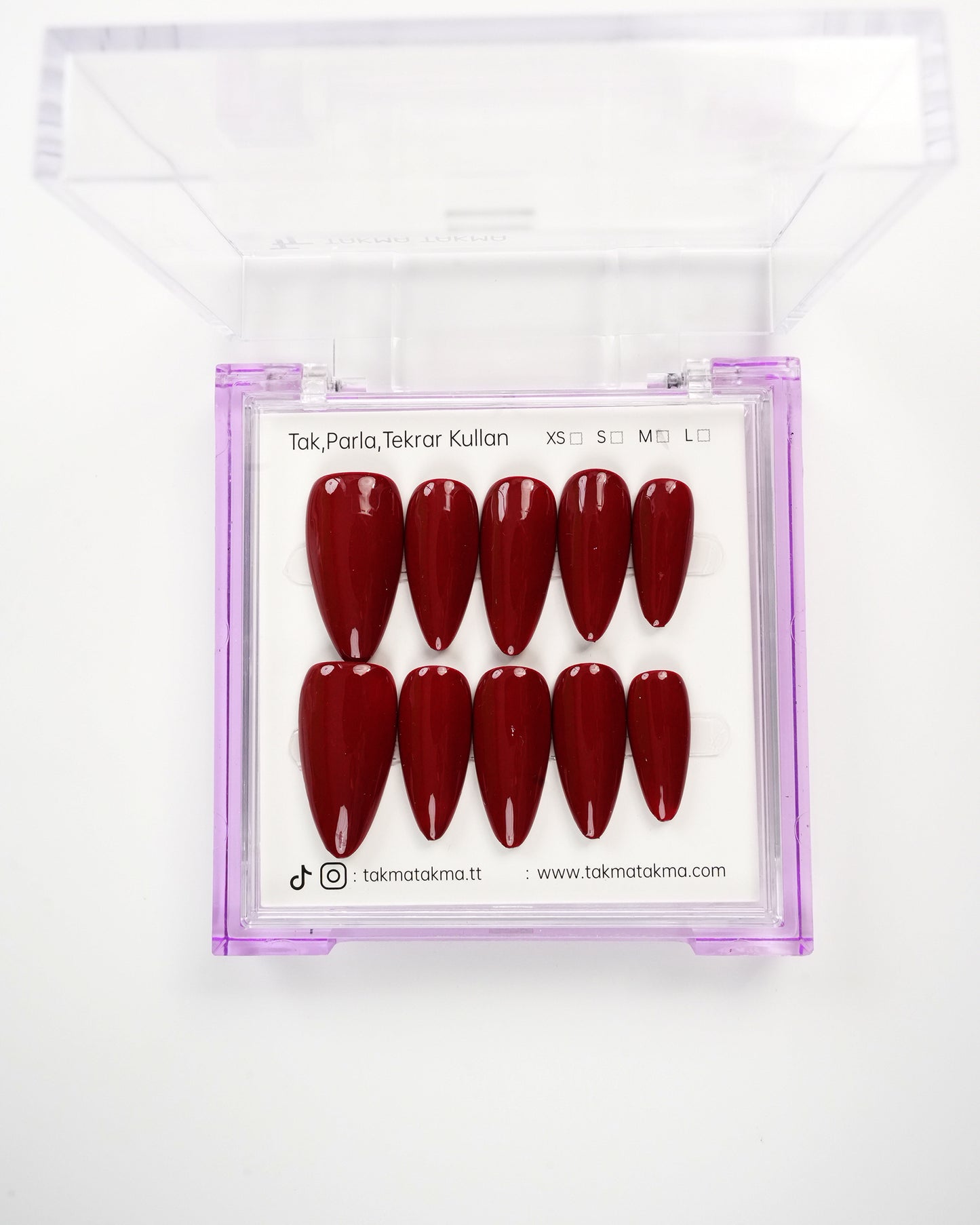 15'li Bordo Uzun Badem UBD1544 Tekrar Kullanılabilir El Yapımı Protez Takma Tırnak