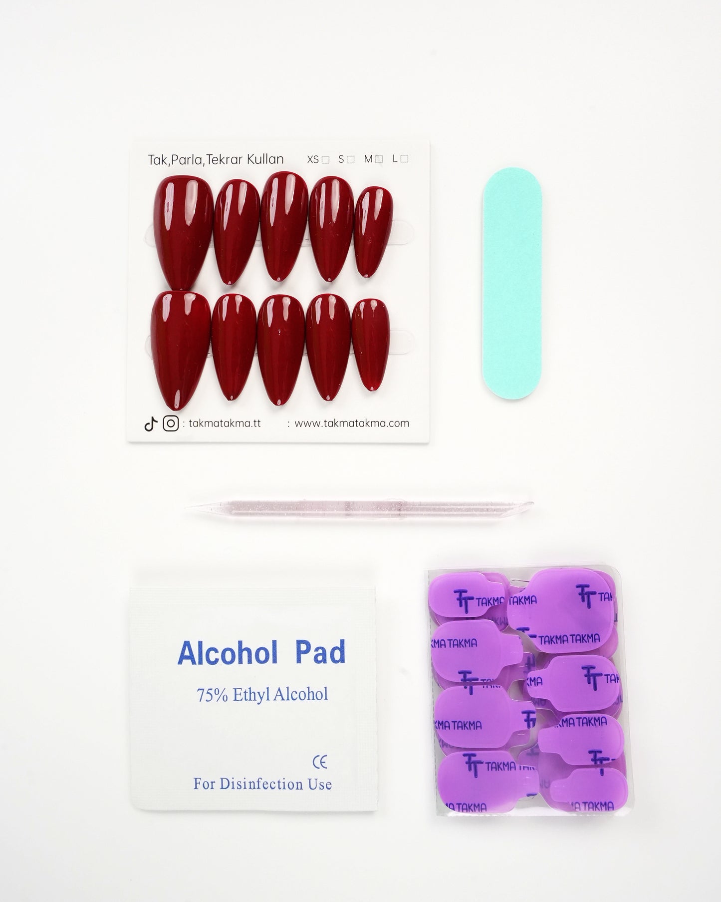 15'li Bordo Uzun Badem UBD1544 Tekrar Kullanılabilir El Yapımı Protez Takma Tırnak