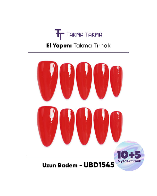 15'li Kırmızı Uzun Badem UBD1545 Tekrar Kullanılabilir El Yapımı Protez Takma Tırnak