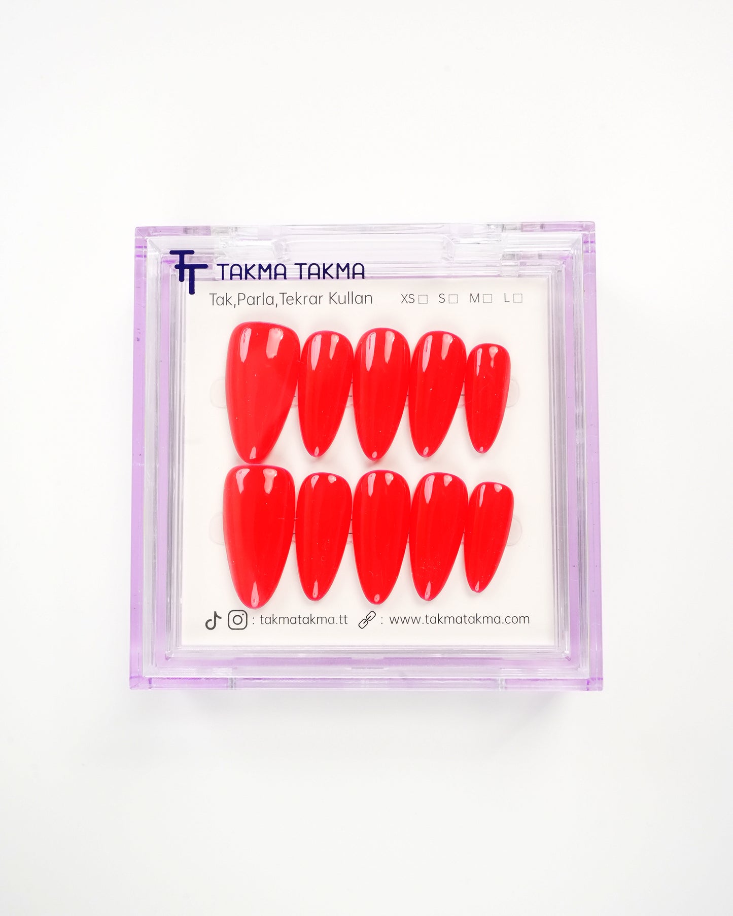 15'li Kırmızı Uzun Badem UBD1545 Tekrar Kullanılabilir El Yapımı Protez Takma Tırnak