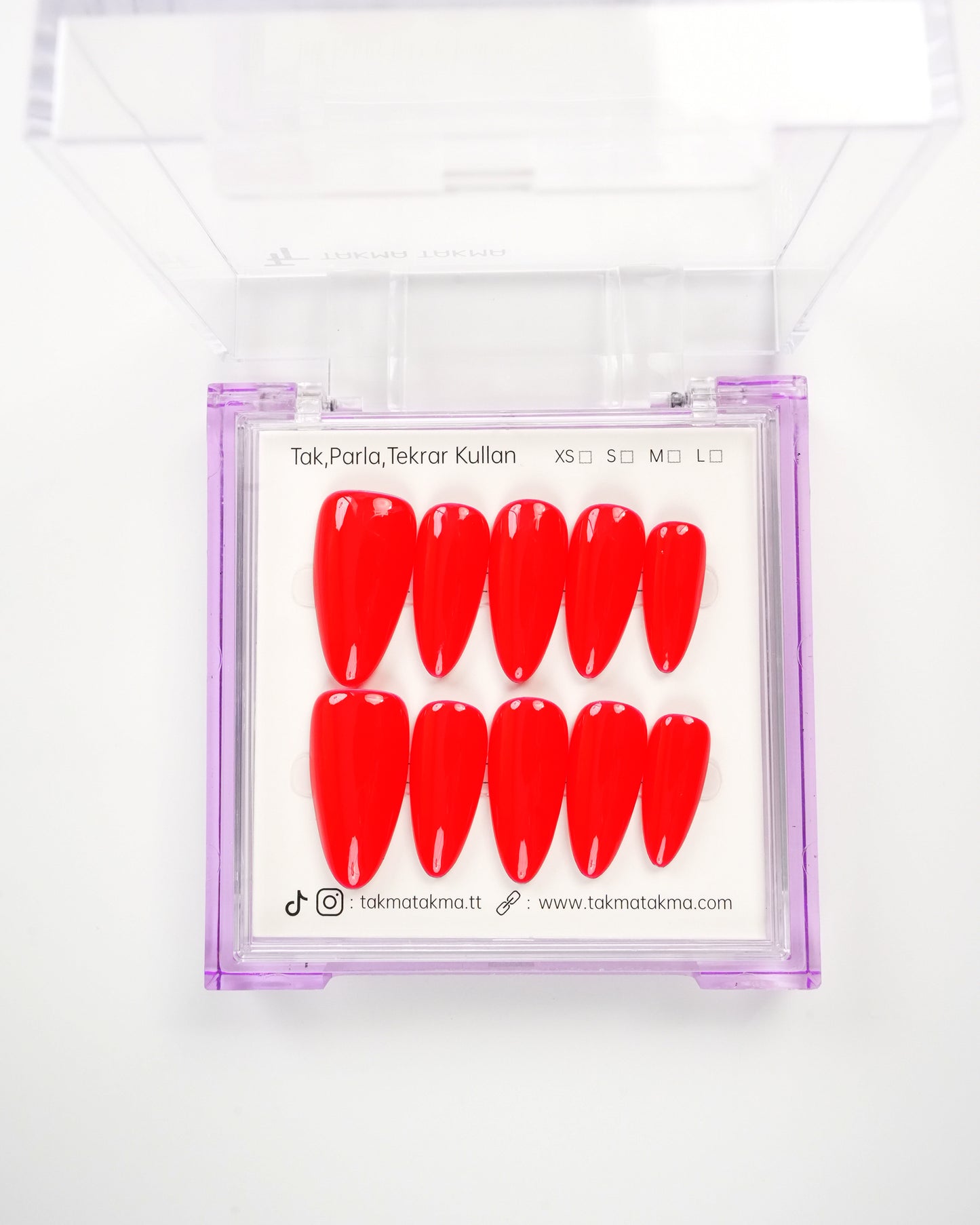 15'li Kırmızı Uzun Badem UBD1545 Tekrar Kullanılabilir El Yapımı Protez Takma Tırnak