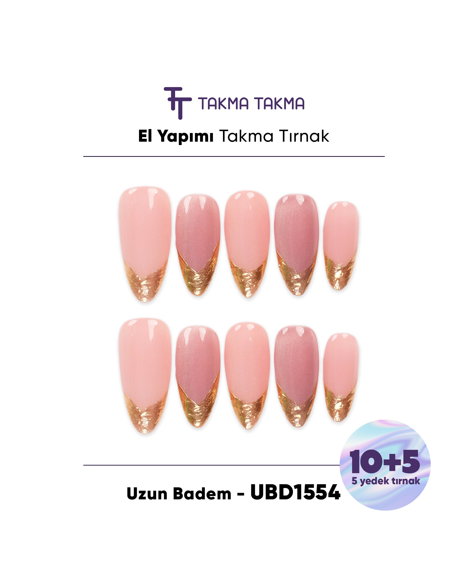 15'li Ten Rengi Uzun Badem UBD1554 Tekrar Kullanılabilir El Yapımı Protez Takma Tırnak Takma Takma