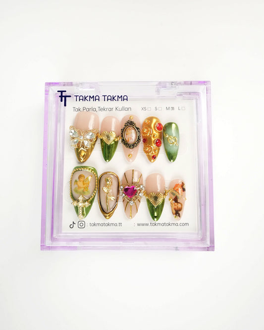 10'lu Renkli Uzun Badem  UBD1566 Tekrar Kullanılabilir El Yapımı Protez Takma Tırnak