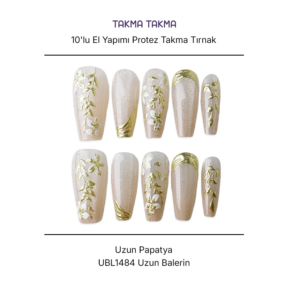 10'lu Ten Rengi Uzun Balerin  UBL1484 Tekrar Kullanılabilir El Yapımı Protez Takma Tırnak