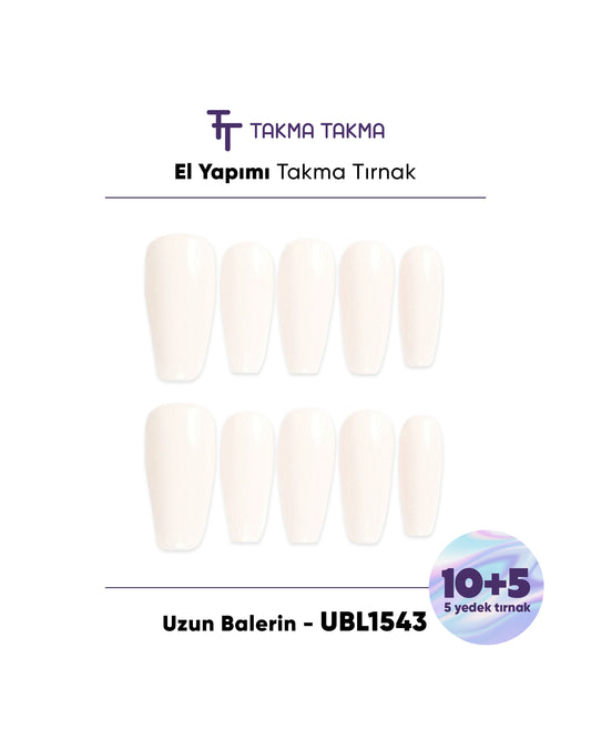 15'li Krem Uzun Balerin UBL1543 Tekrar Kullanılabilir El Yapımı Protez Takma Tırnak