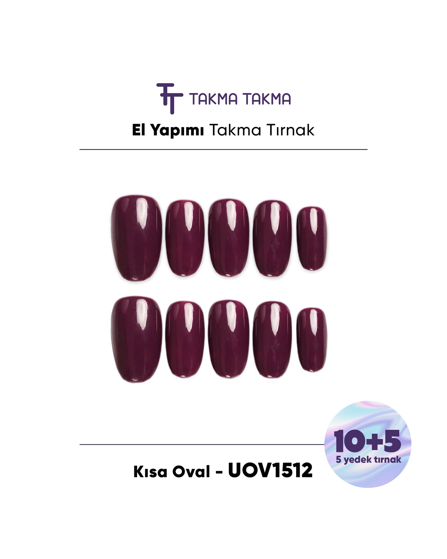 15'li Mor Uzun Oval UOV1512 Tekrar Kullanılabilir El Yapımı Protez Takma Tırnak