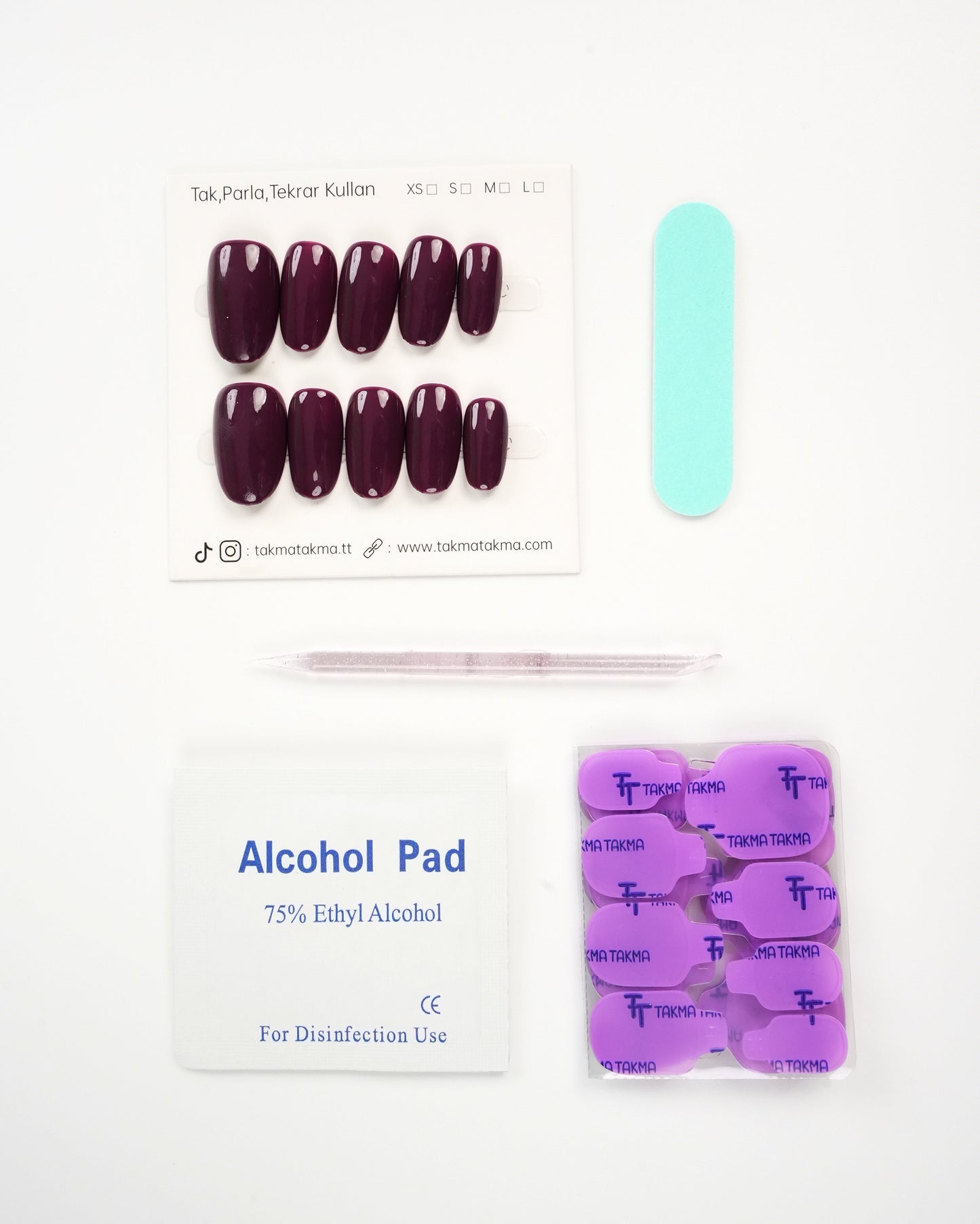 15'li Mor Uzun Oval UOV1512 Tekrar Kullanılabilir El Yapımı Protez Takma Tırnak