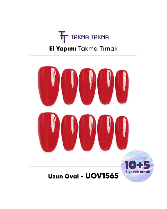 15'li Kırmızı Uzun Oval UOV1565 Tekrar Kullanılabilir El Yapımı Protez Takma Tırnak