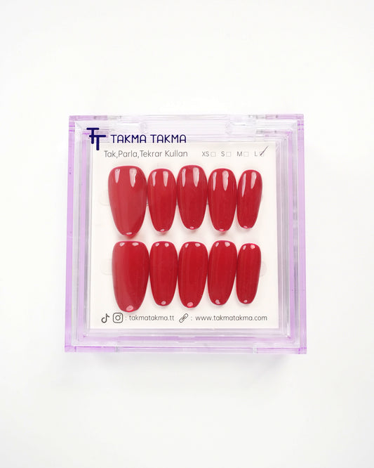 15'li Kırmızı Uzun Oval UOV1565 Tekrar Kullanılabilir El Yapımı Protez Takma Tırnak