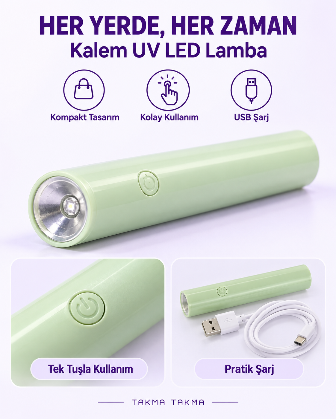 Şarjlı Kalem UV LED Tırnak Lambası – Kalıcı Oje ve UV Jel Kurutucu, Mint Yeşili