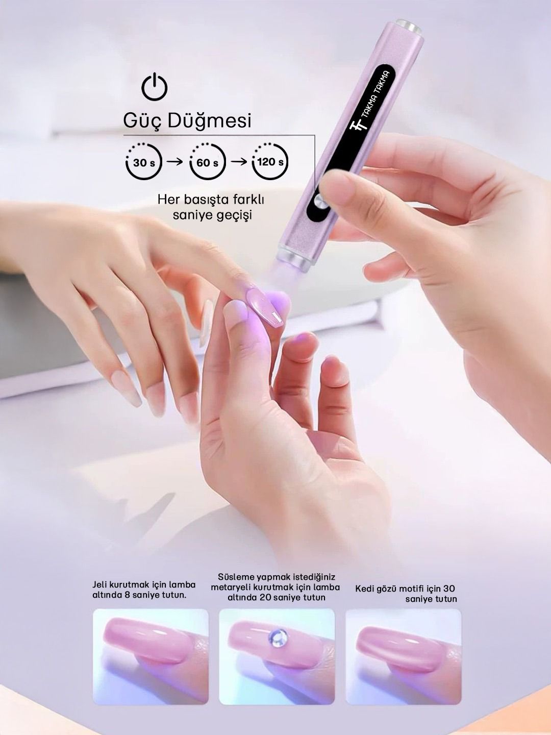 UVKCM Taşınabilir Güçlü Kalıcı Oje ve Protez Tırnak Kurutma Mini UV Type-C Şarjlı, Takma Takma