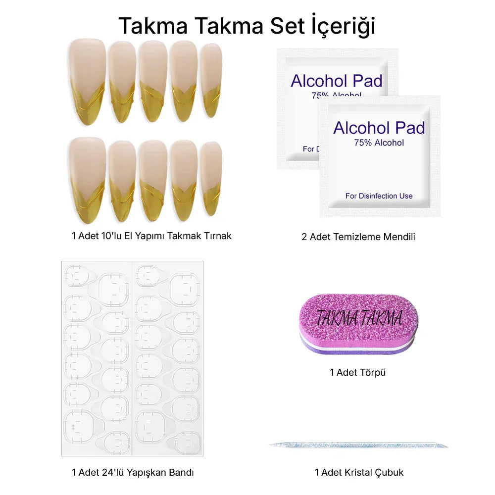 10'lu Beyaz Uzun Badem TT1008 Tekrar Kullanılabilir El Yapımı Protez Takma Tırnak Takma Takma