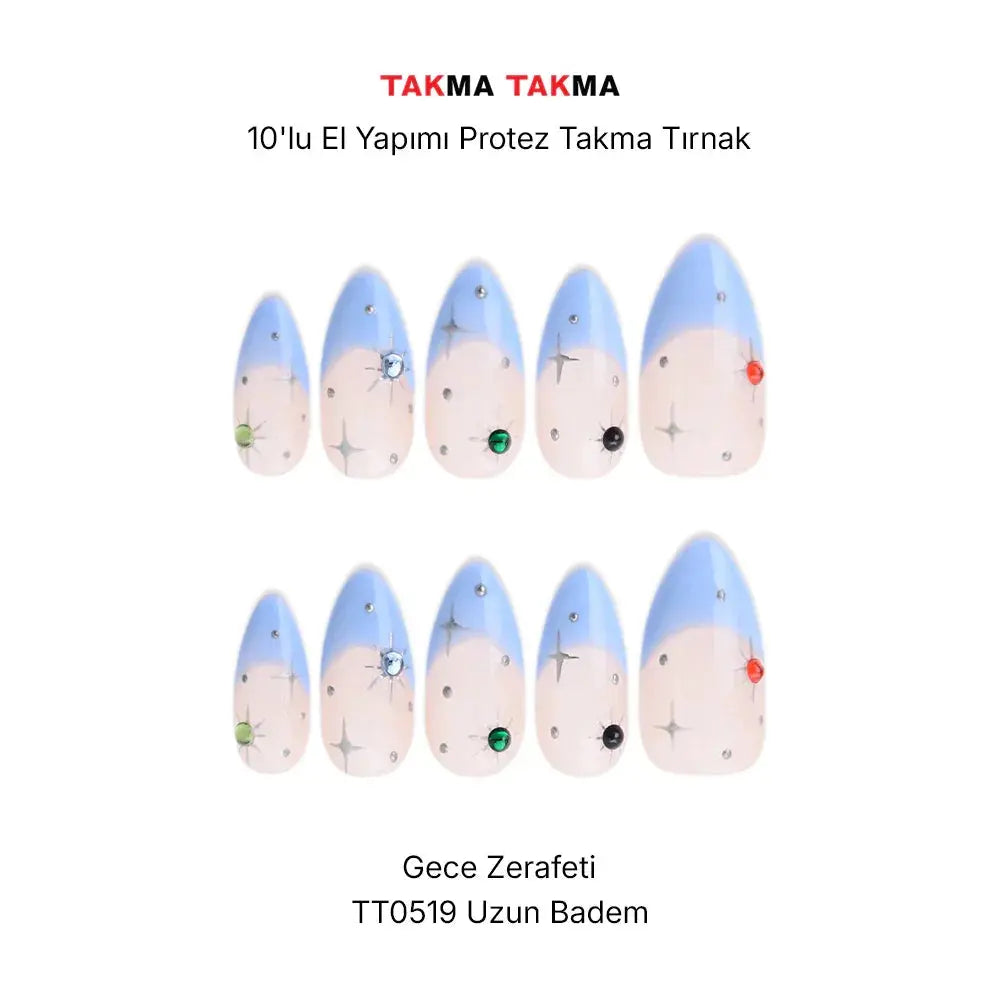 10'lu Mavi Uzun Badem TT0519 Tekrar Kullanılabilir El Yapımı Protez Takma Tırnak Takma Takma