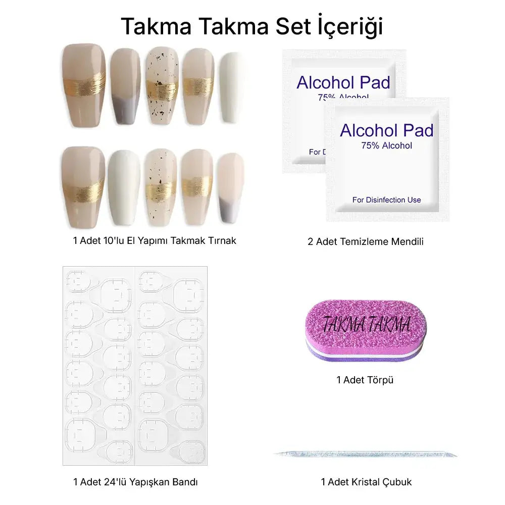 10'lu Ten Rengi Uzun Balerin  TT0966 Tekrar Kullanılabilir El Yapımı Protez Takma Tırnak Takma Takma
