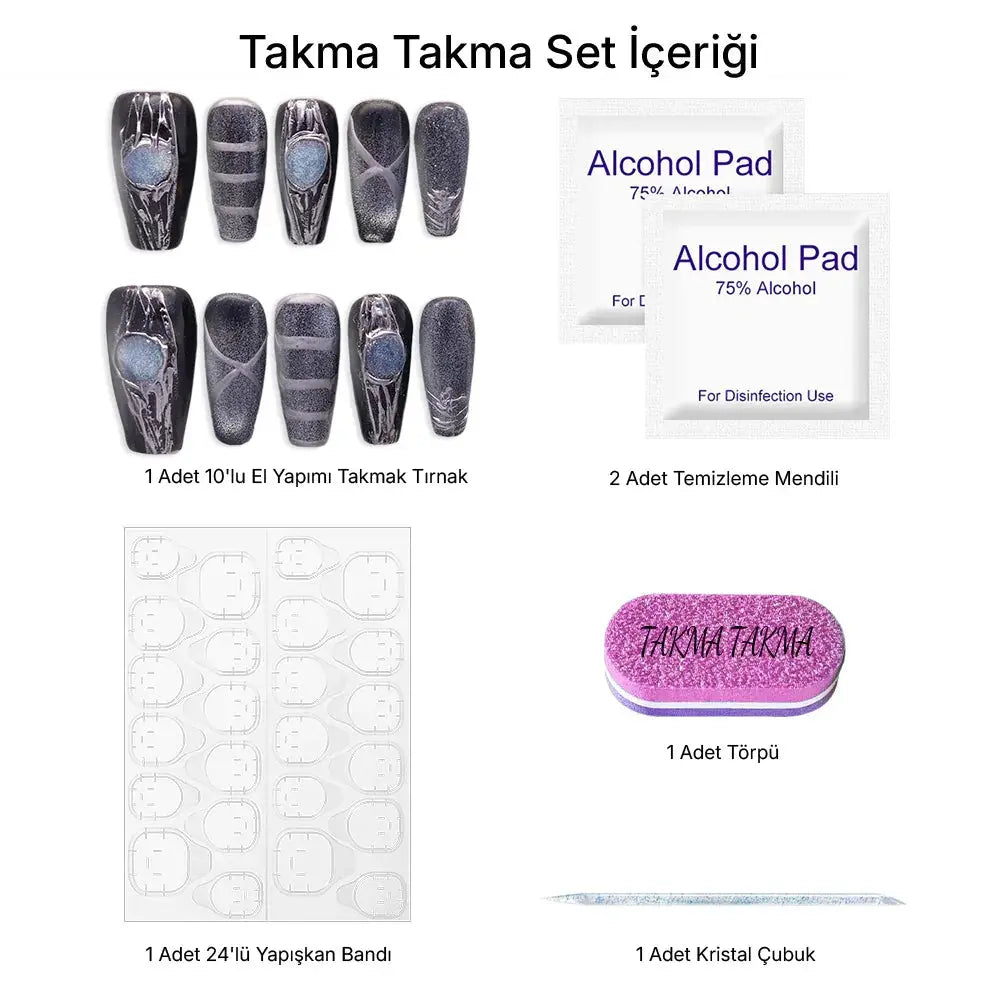 10'lu Siyah Uzun Balerin TT0957 Tekrar Kullanılabilir El Yapımı Protez Takma Tırnak Takma Takma