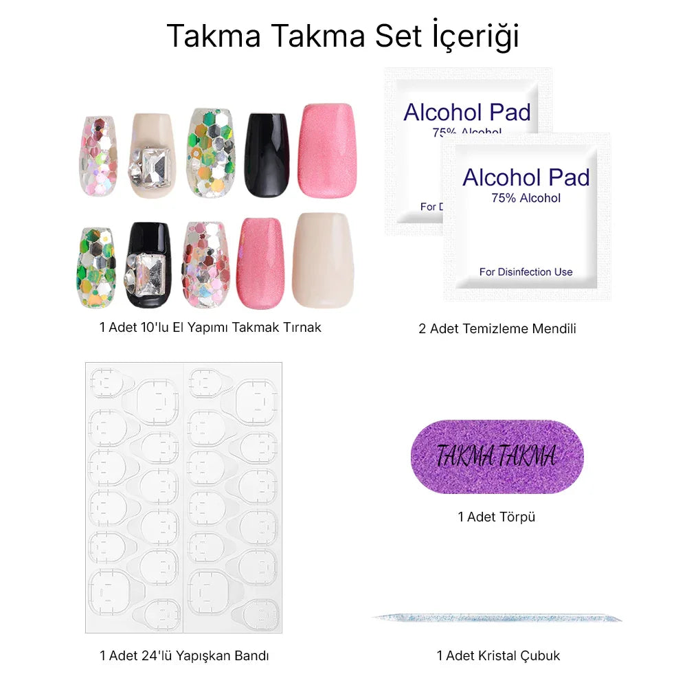 10'lu Renkli Orta Balerin TT0574 Tekrar Kullanılabilir El Yapımı Protez Takma Tırnak Takma Takma